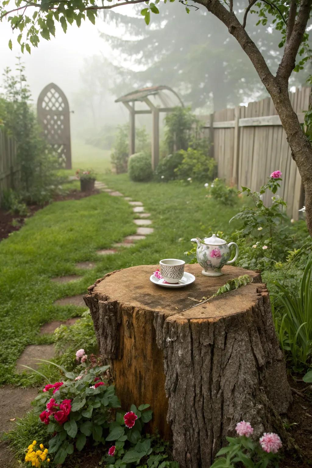 A rustic table crafted from a small tree stump.