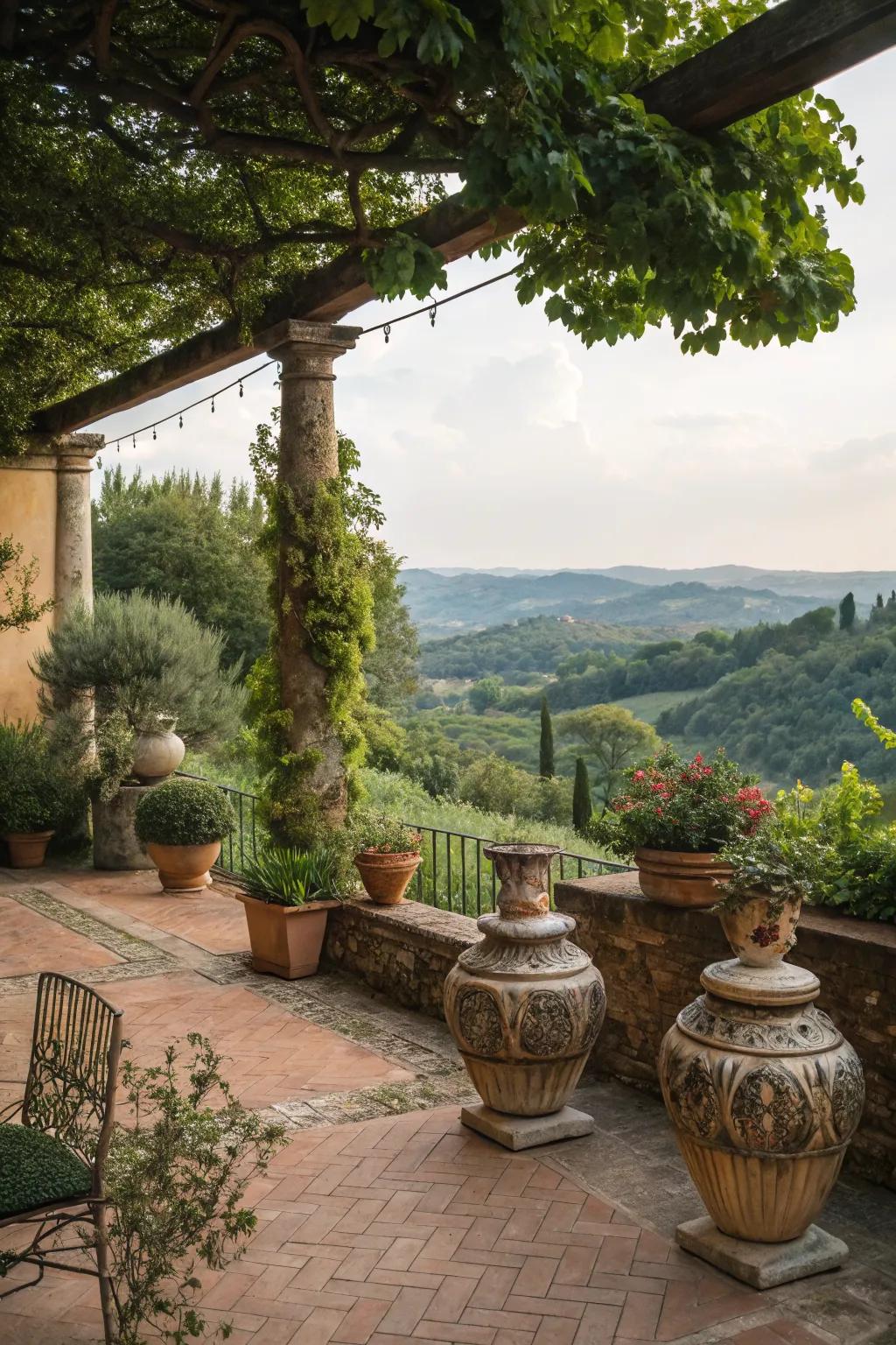 Pottery adds a classic touch to this Tuscan patio.