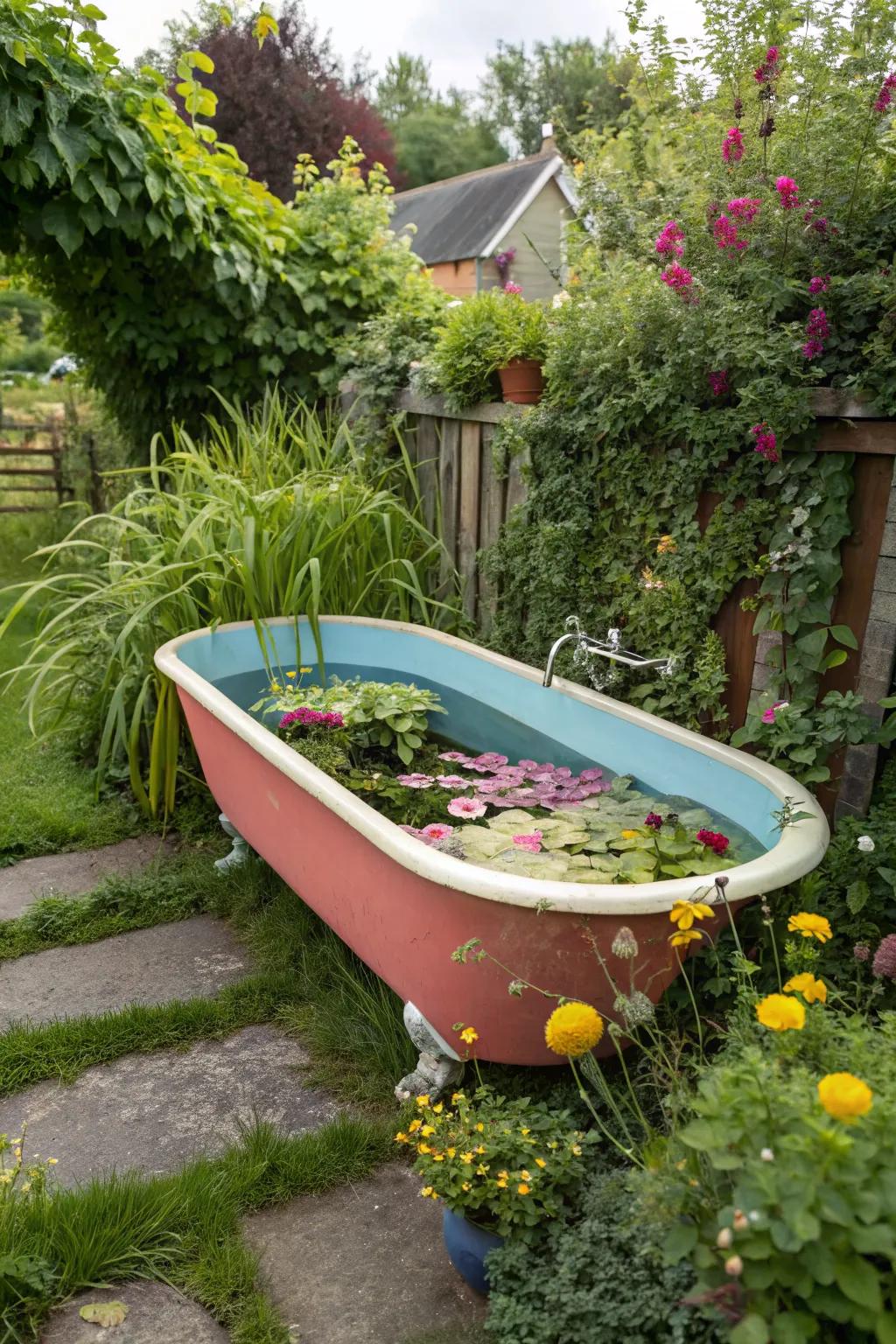 An upcycled bathtub adds a splash of whimsy to the garden.