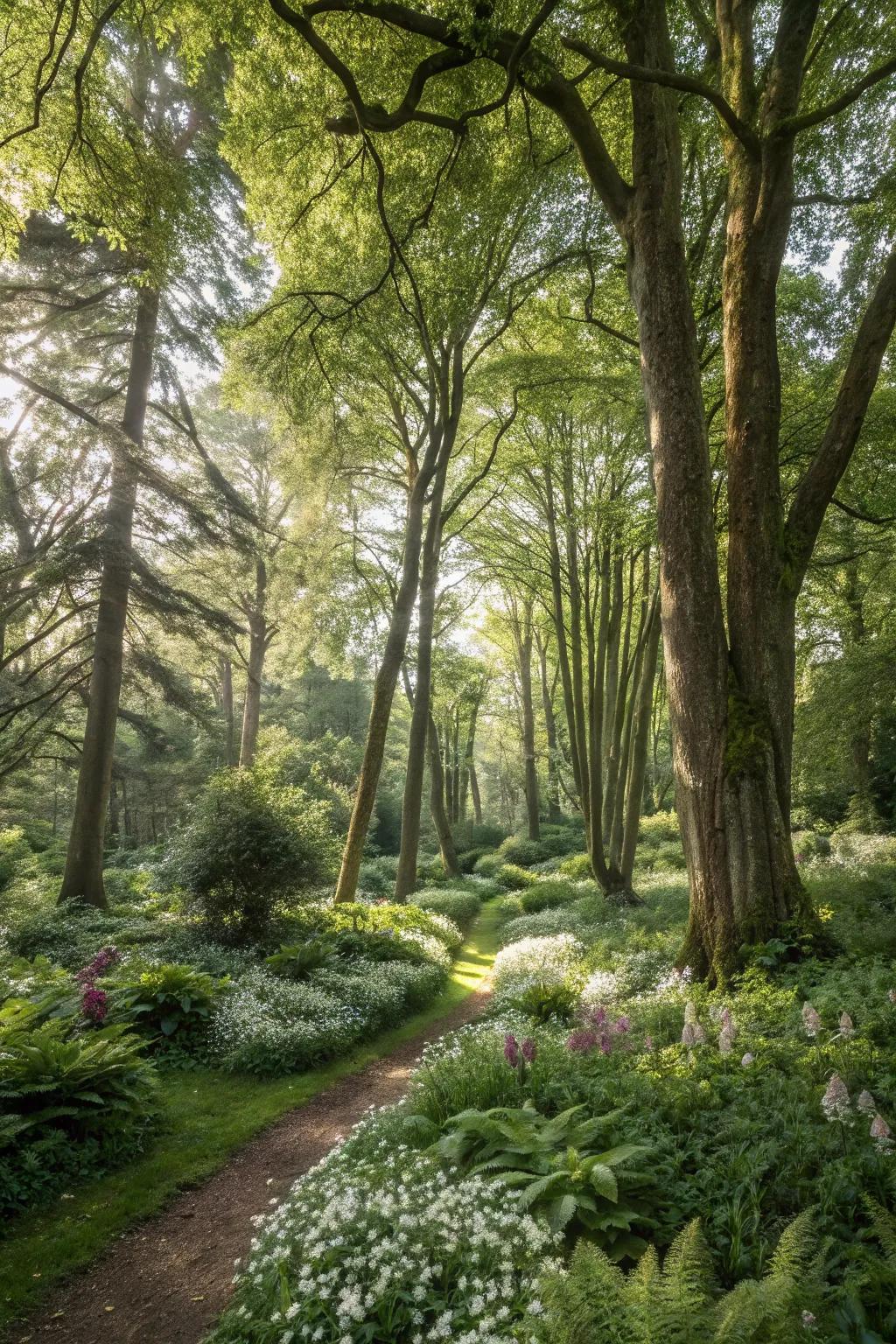 Tall trees create a serene canopy over the woodland garden.