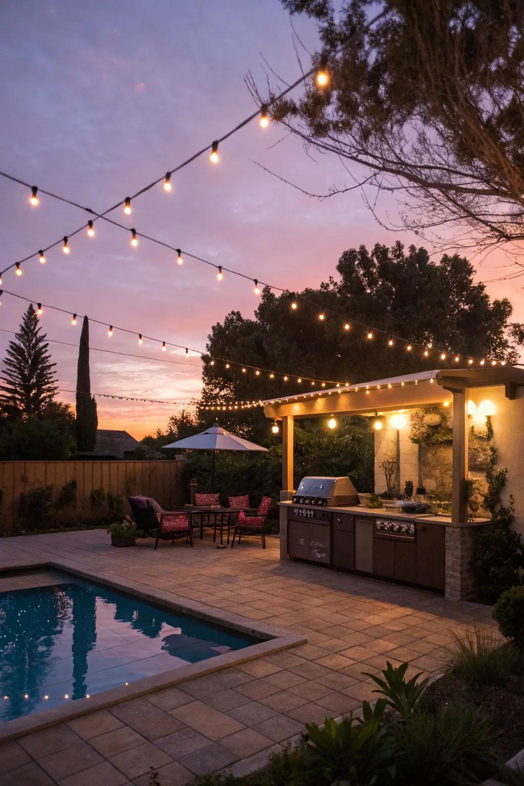 Ambient lighting creates a magical evening atmosphere.