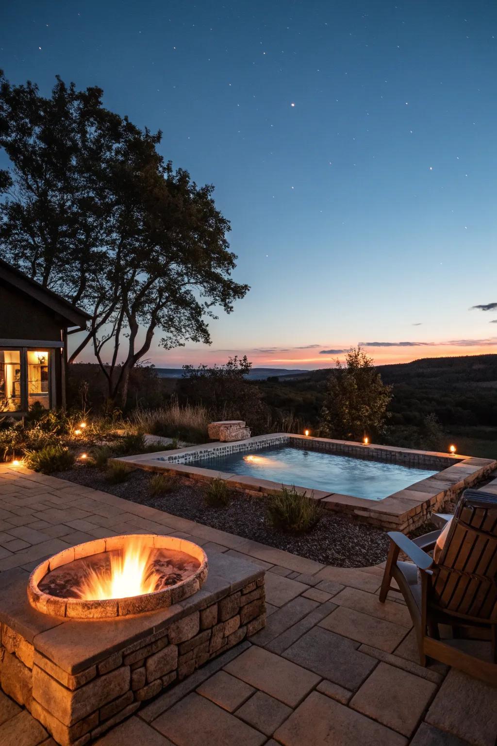 A soak pool with enchanting evening ambiance and cozy lighting.