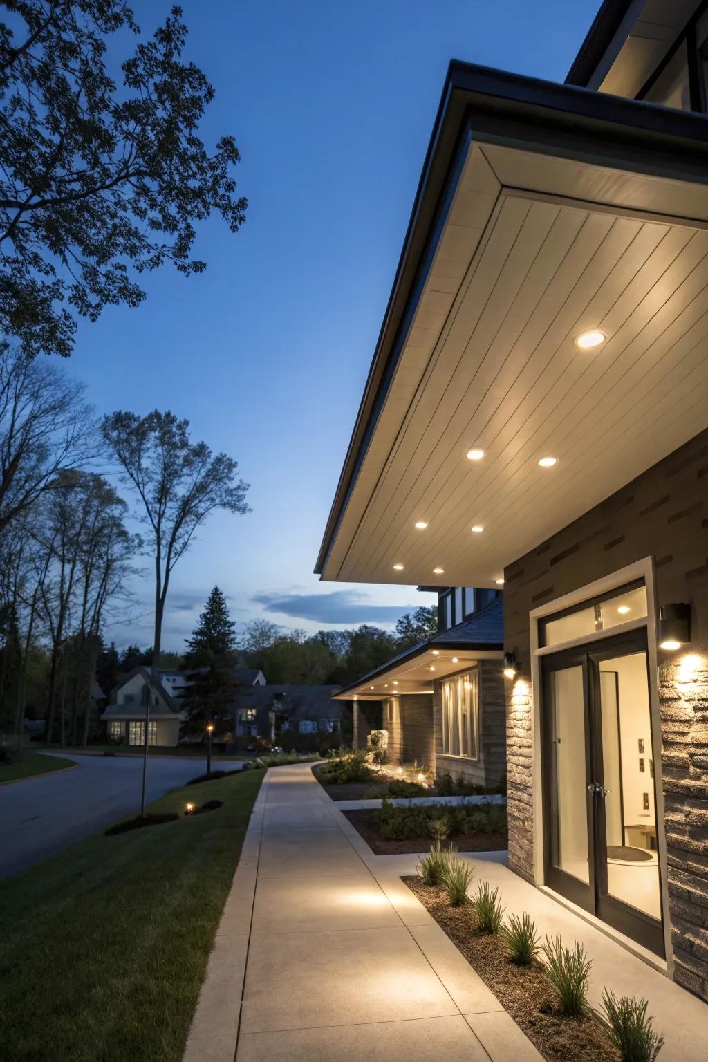 Recessed lighting in soffit creates a welcoming evening ambiance.