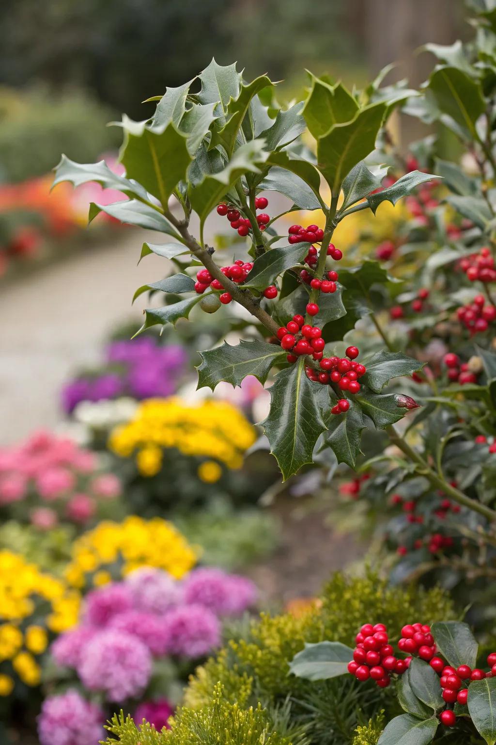 Create stunning visual contrasts with Soft Touch Holly and bright blooms.