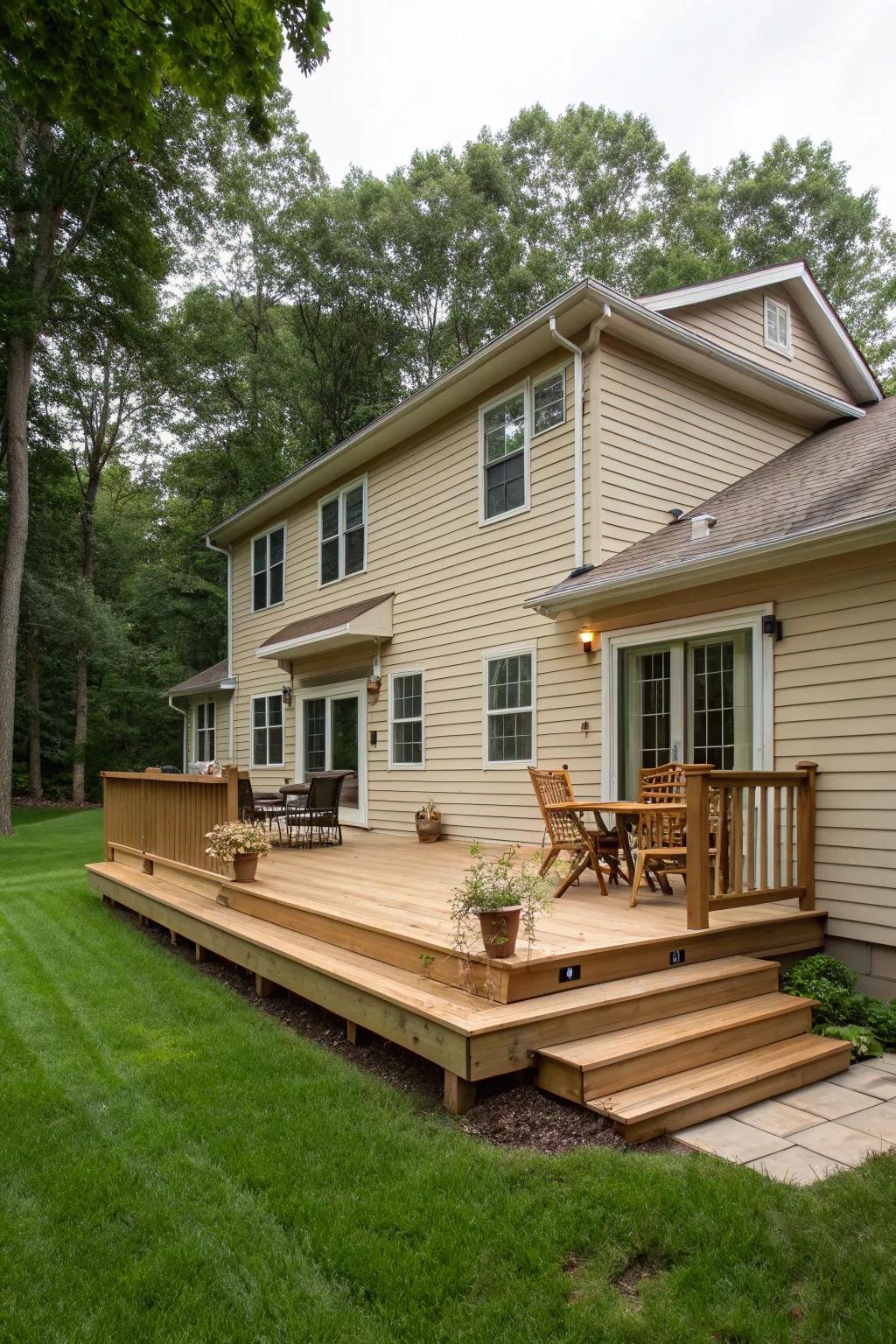 A cedar deck showcasing natural beauty against a beige backdrop.