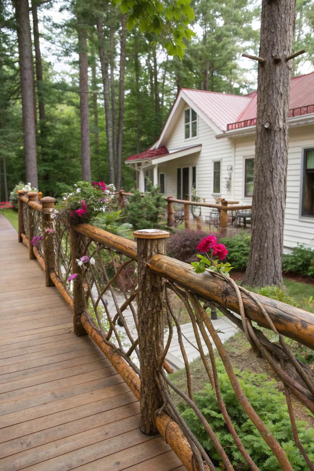 Rustic railings made from reclaimed wood and branches, exuding natural charm.