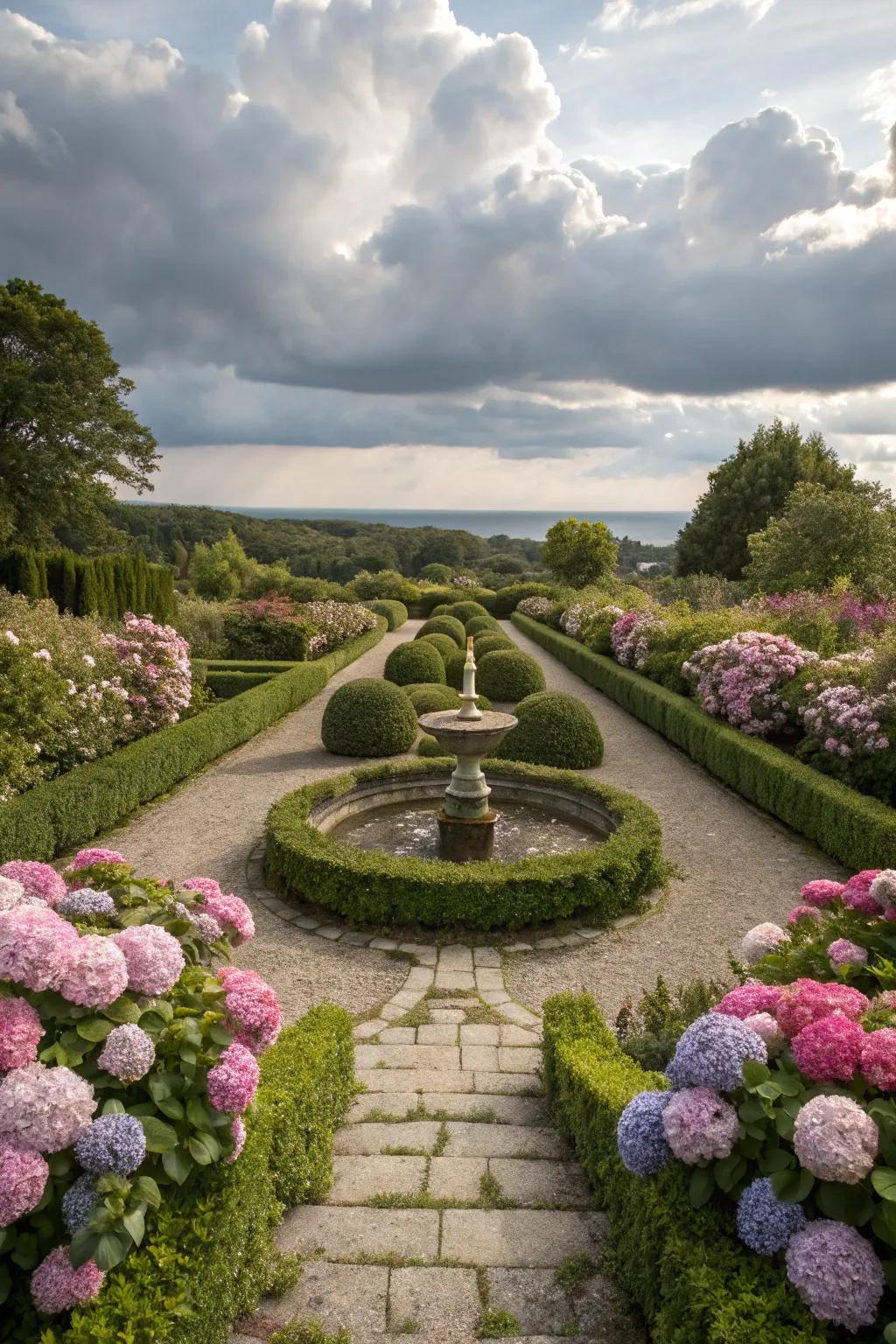 A traditional garden style with symmetrical design and lush hydrangeas.