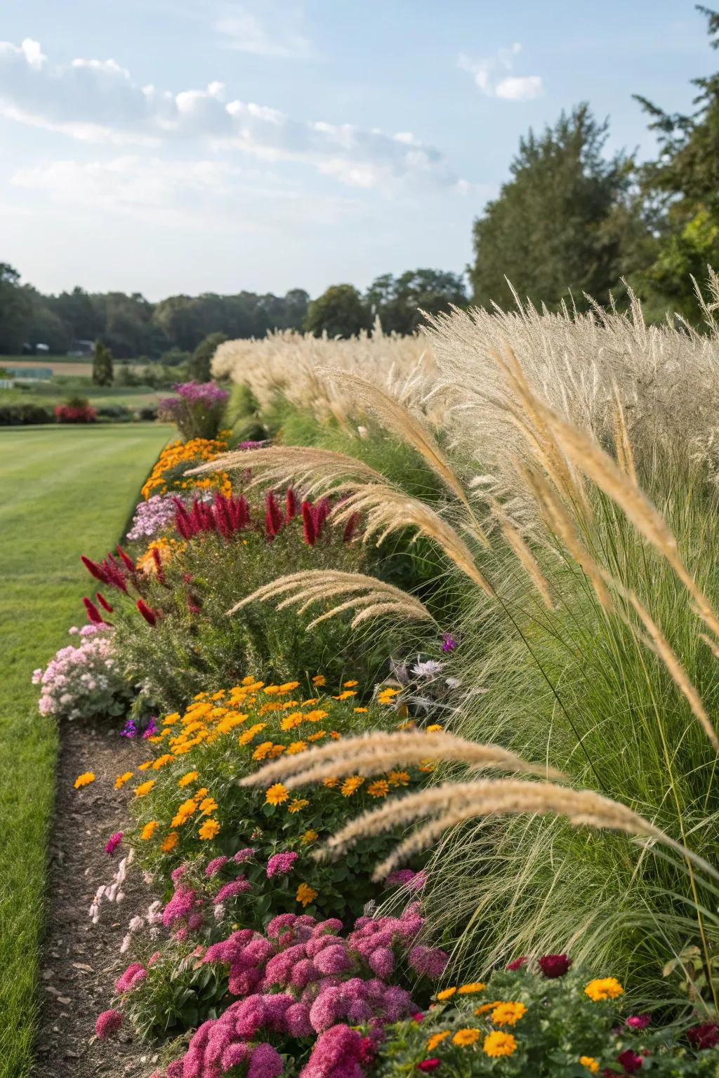 Ornamental grasses like Muhly Grass add texture and movement.