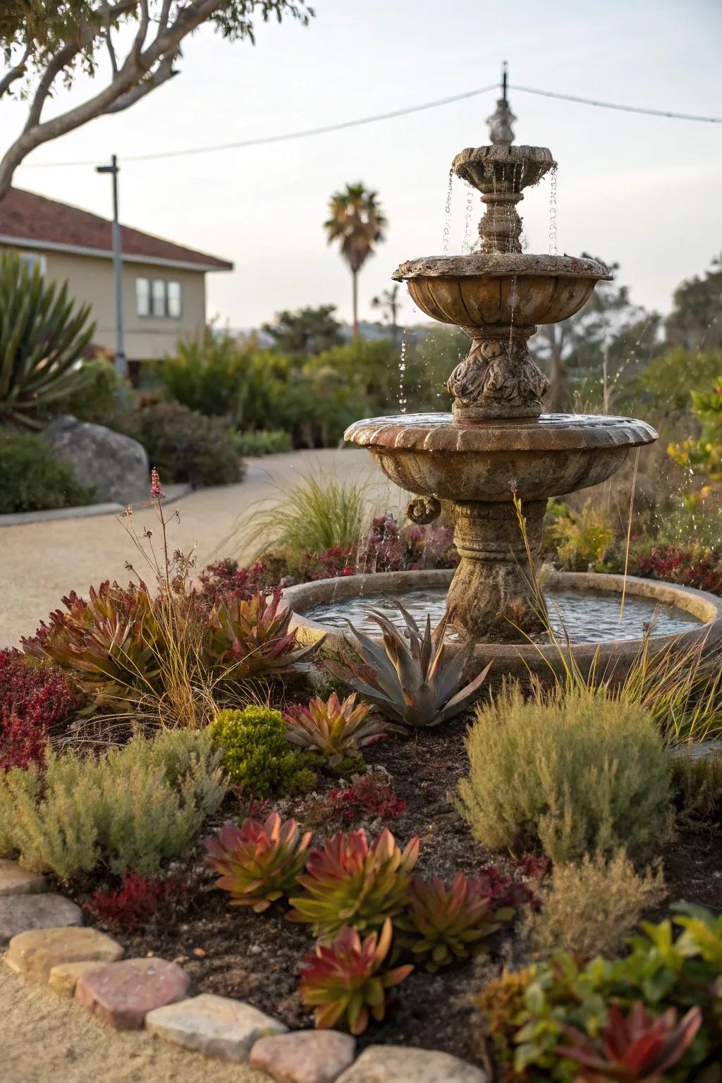 A simple fountain adds tranquility to the garden.