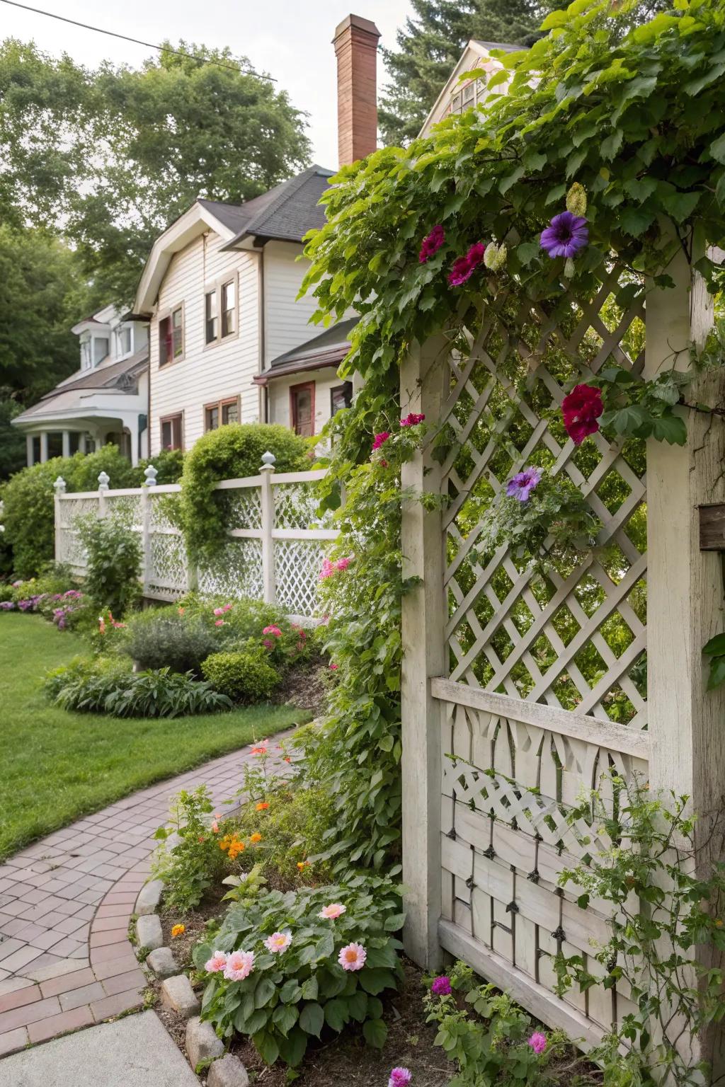 Climbing plants creating privacy and charm on a Southern front yard fence.