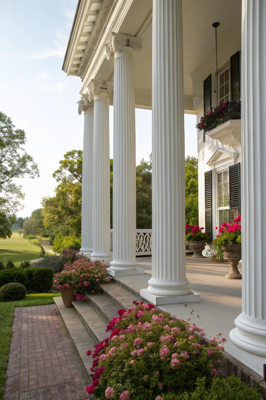 Classic columns add elegance and Southern charm to the porch.