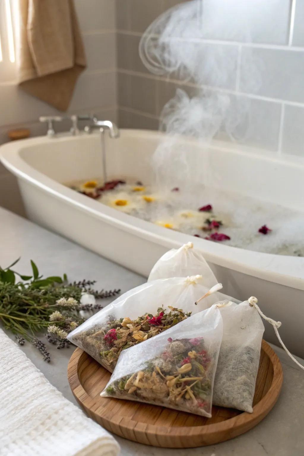 Bath tea bags transforming a regular bath into a soothing herbal soak.