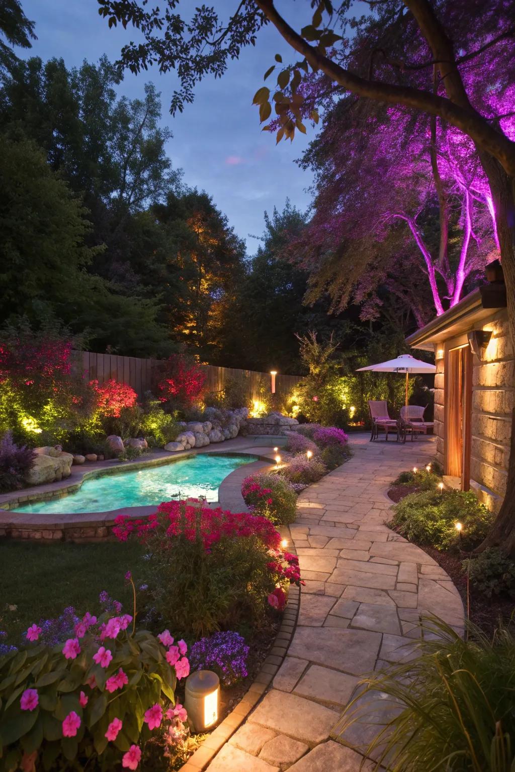 Colorful lights bring vibrancy to outdoor spa areas.