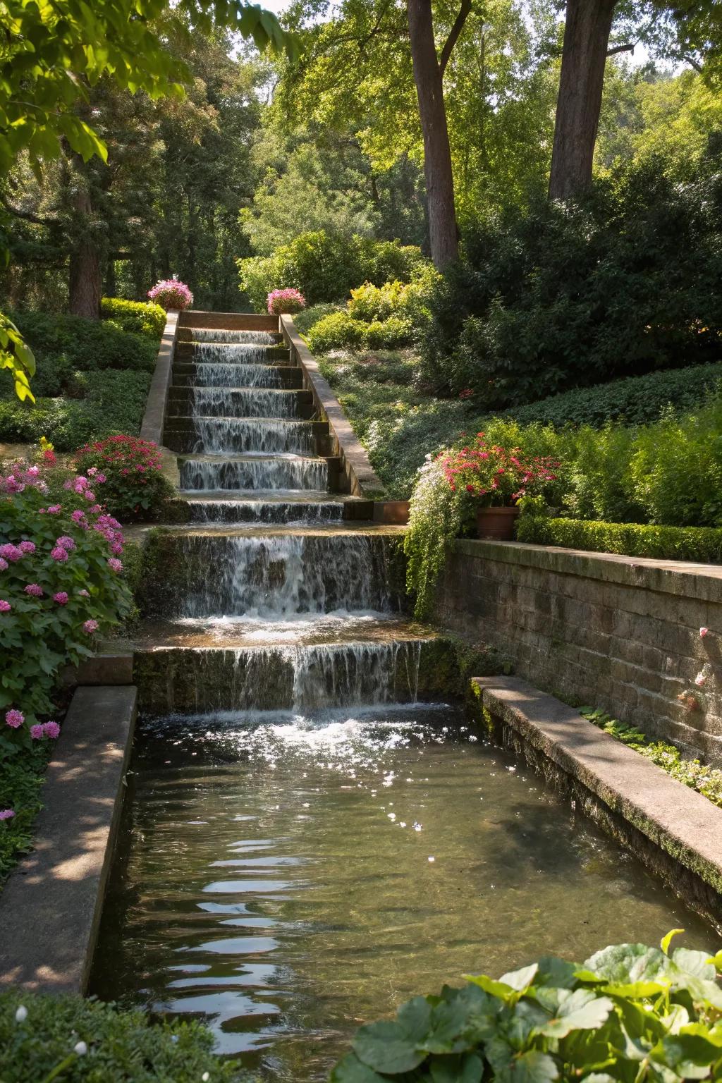 Tiered spillways create a captivating waterfall effect.