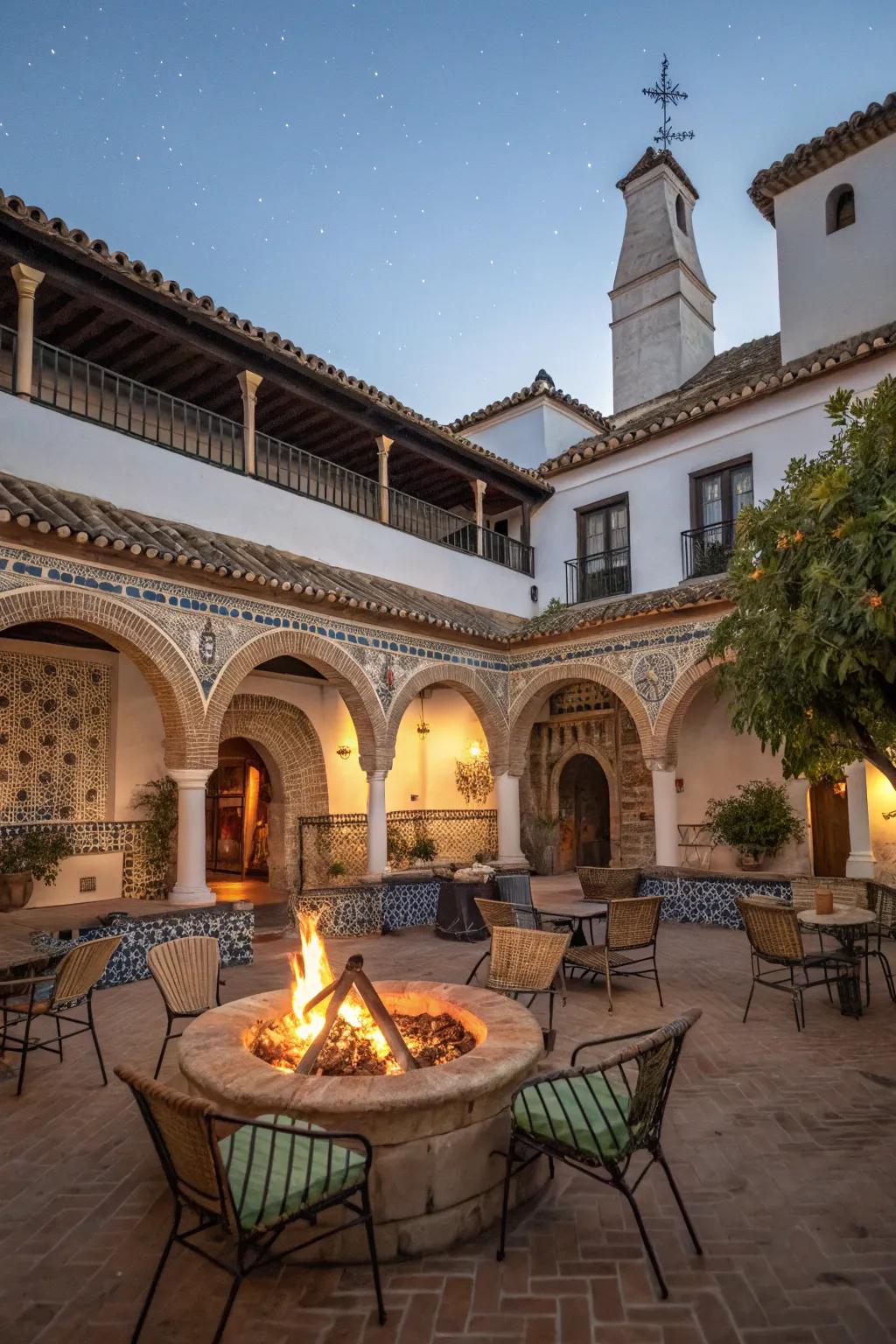 An outdoor fireplace creates a warm and inviting atmosphere.