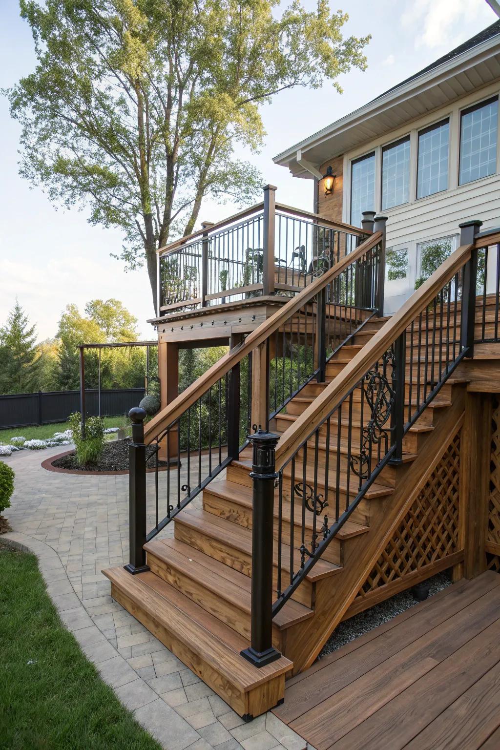 Stylish stairs connecting the levels of a split-level deck.