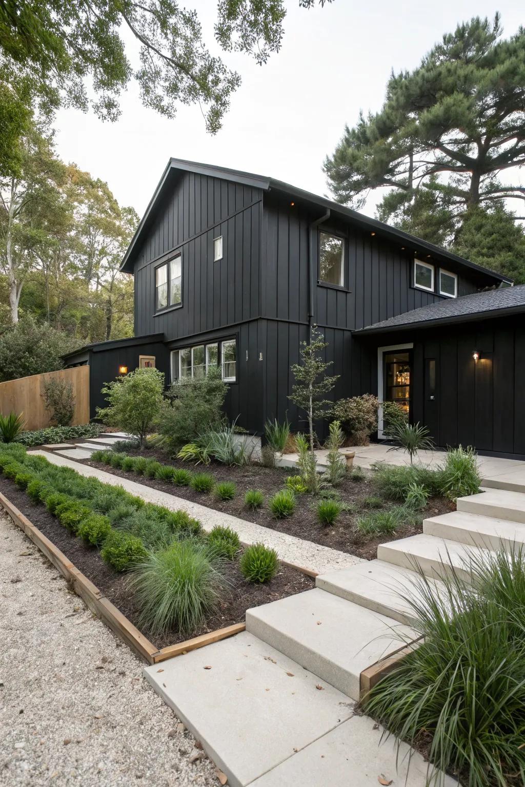 A bold black exterior brings a modern edge to this split-level home.