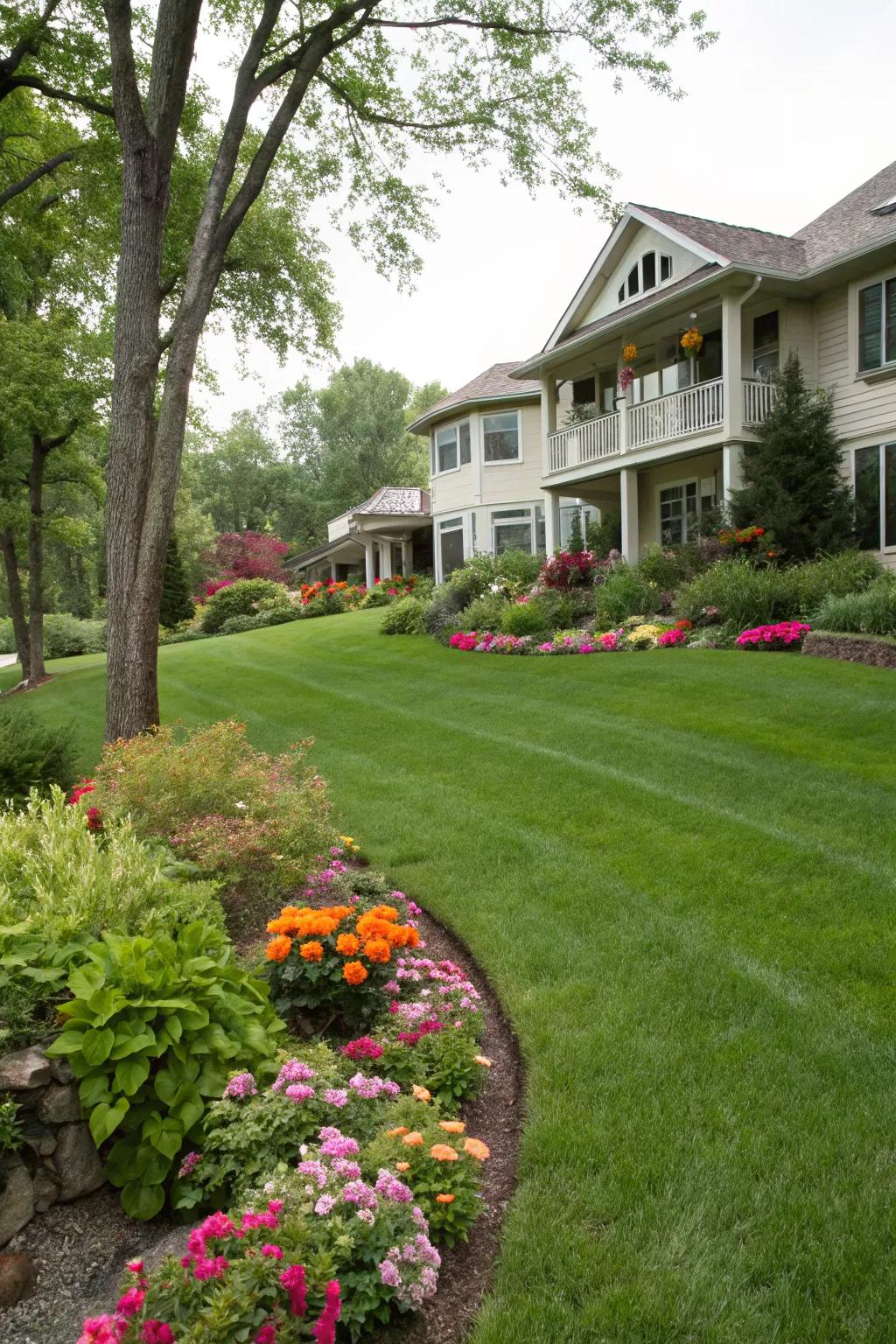 A lush lawn provides a serene canvas for vibrant garden features.
