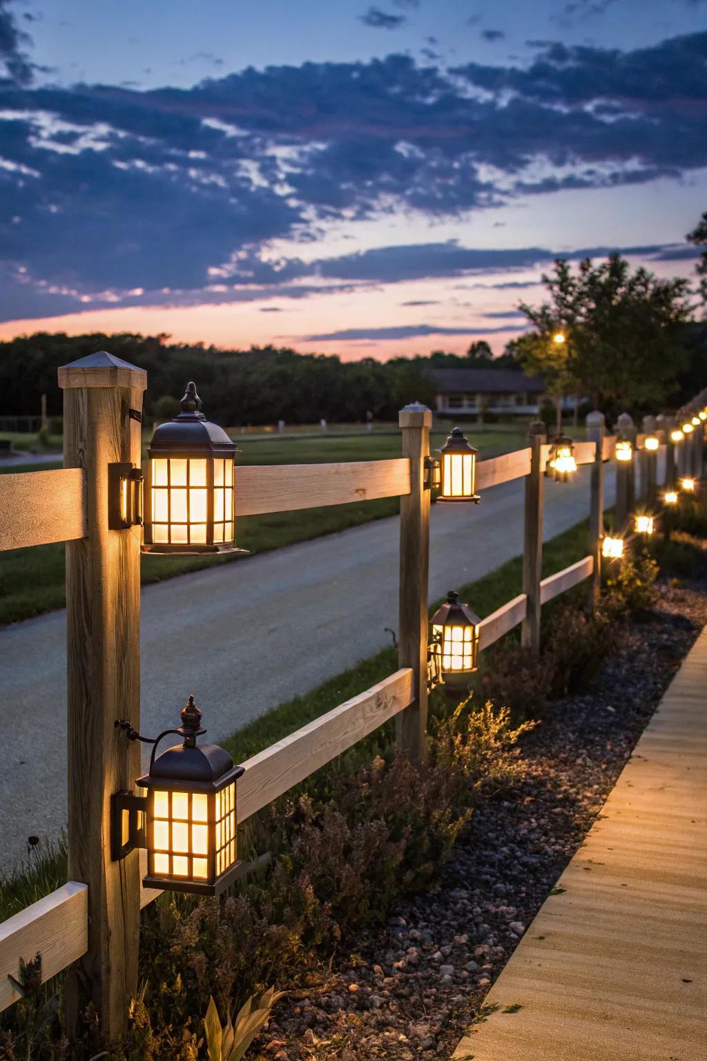 Lanterns add a warm glow to this split rail fence entrance.