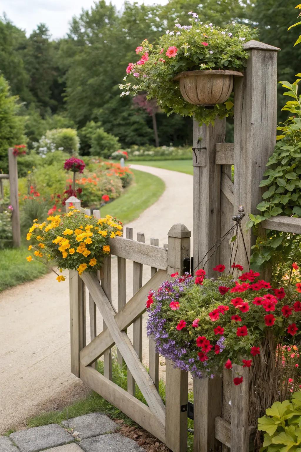 Integrated planters bring life and color to the gate.