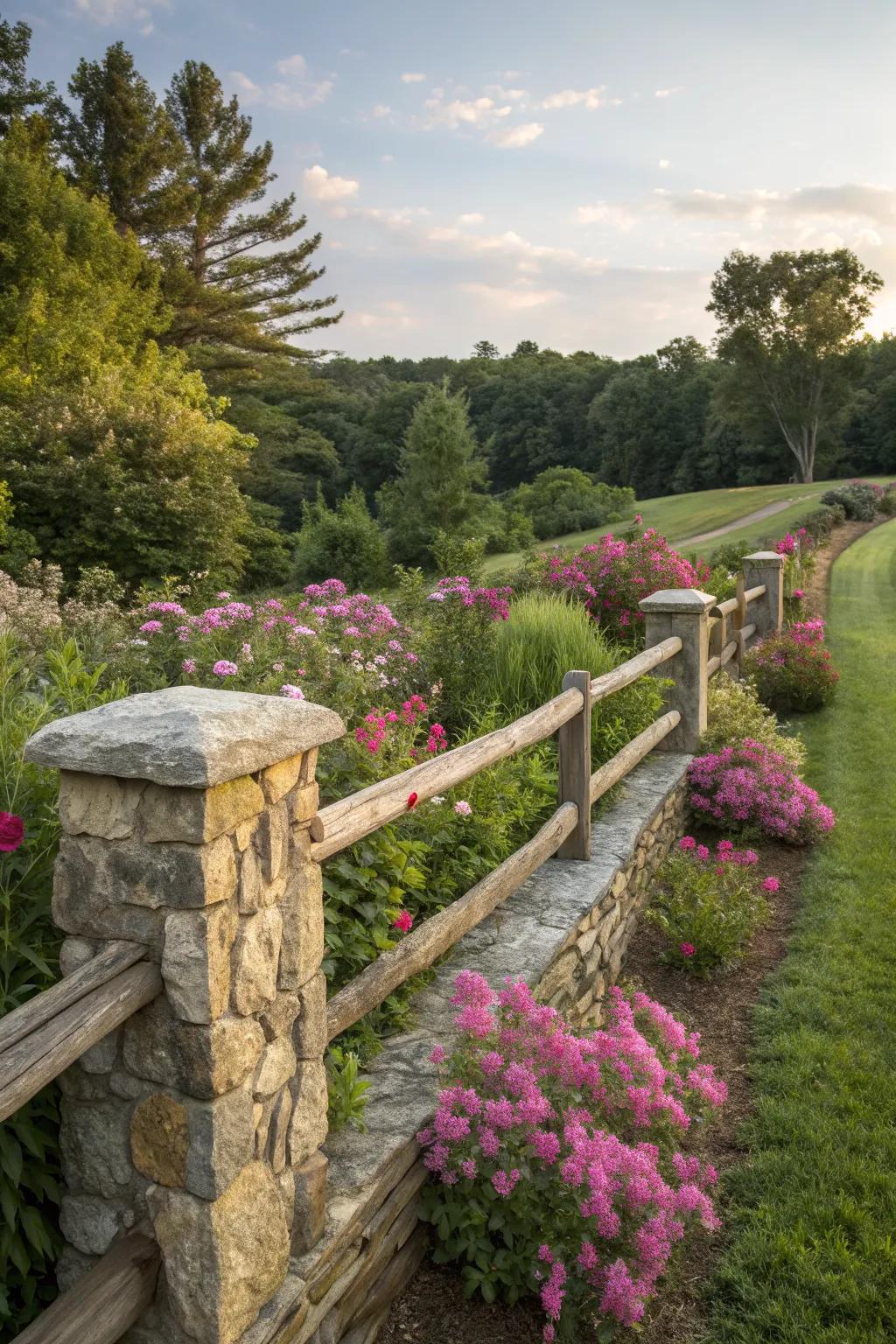 Stone accents complement the rustic charm of the split rail fence, adding depth to the garden.