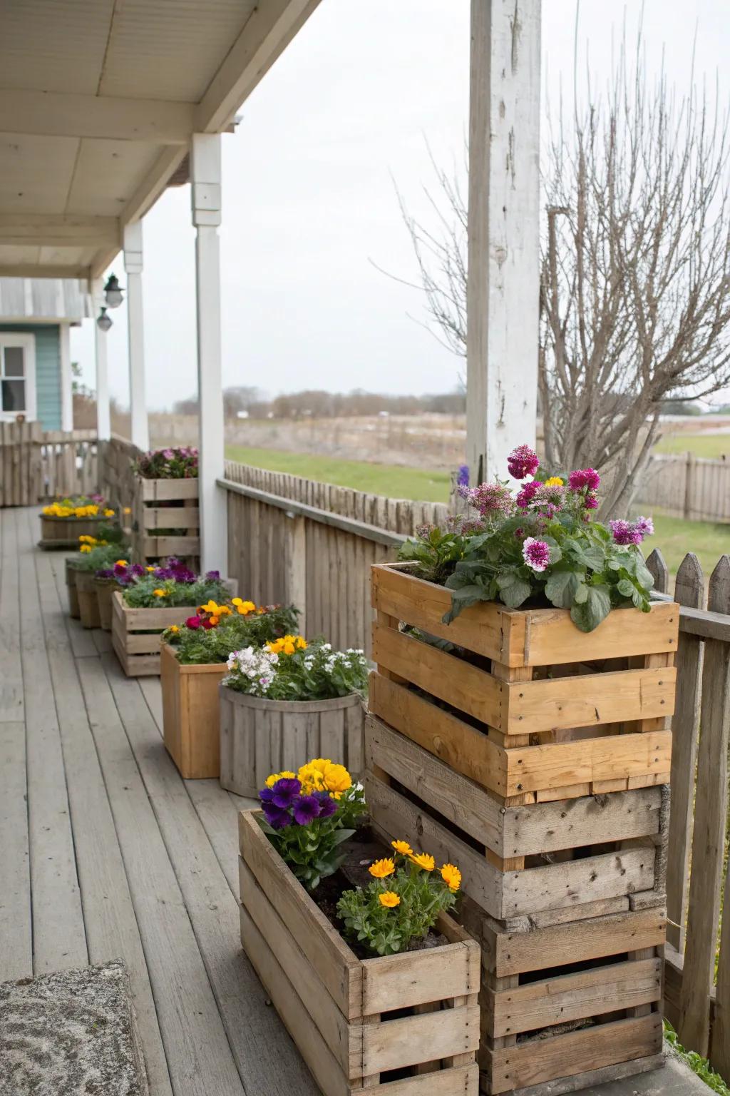 Wooden crates add a rustic charm and height to plant displays.