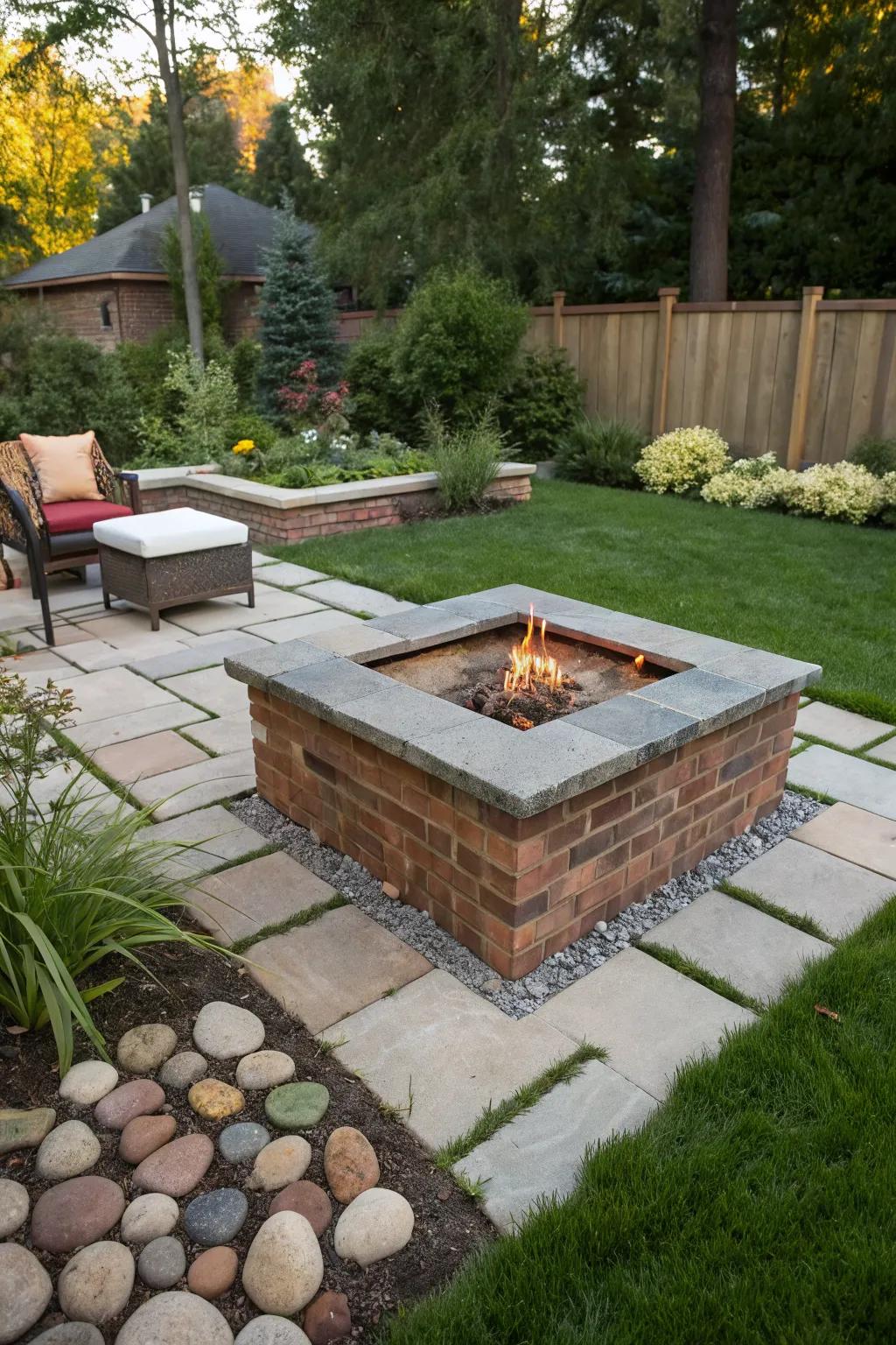 A contrasting stone top adds sophistication to your fire pit design.