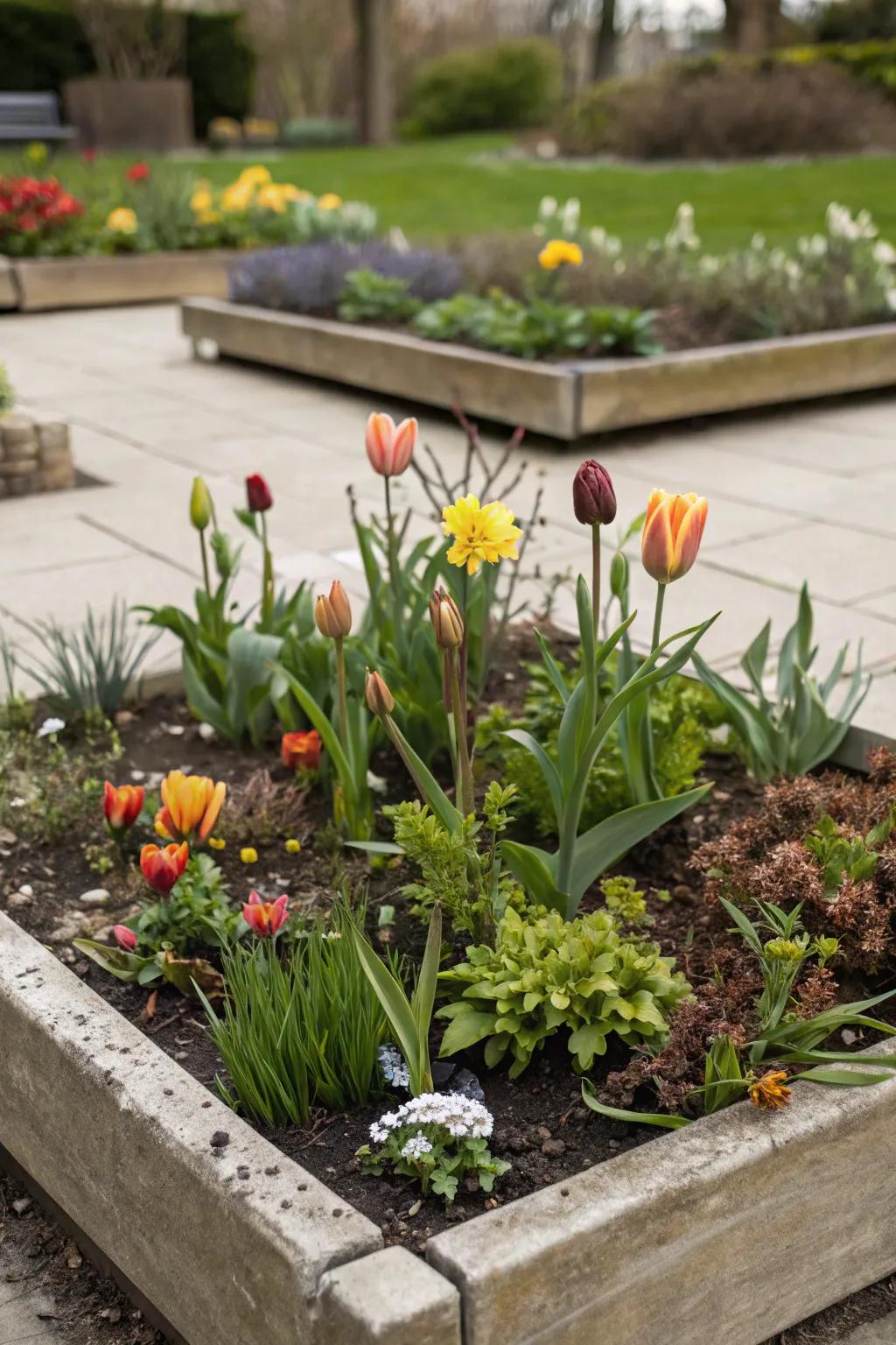 A square flower bed designed with seasonal variety, offering year-round visual interest.