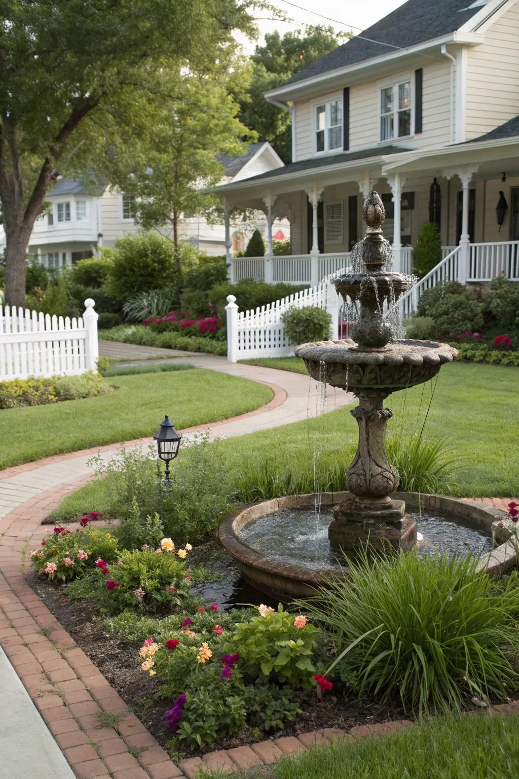 A water fountain adds a touch of elegance and tranquility.