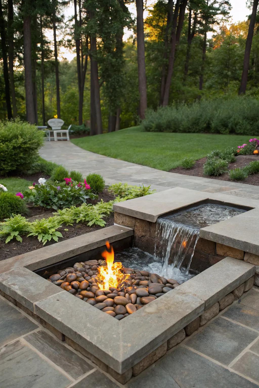 The combination of fire and water creates a breathtaking outdoor focal point.