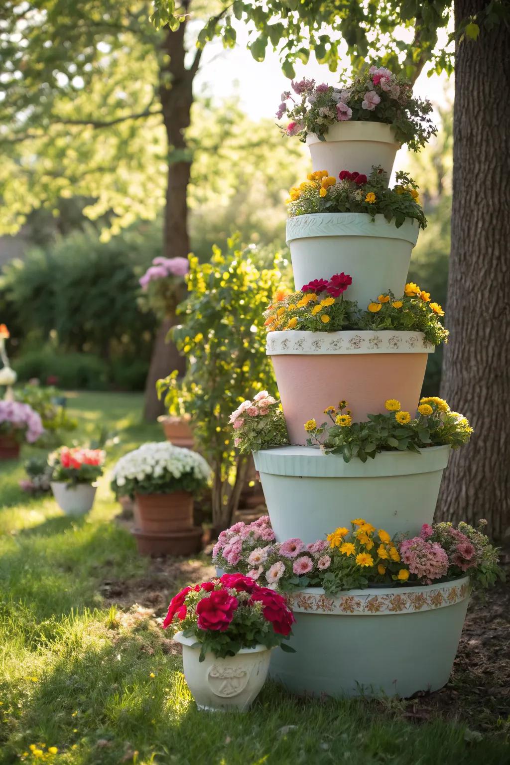 Tiered pots add a whimsical touch to garden gatherings.