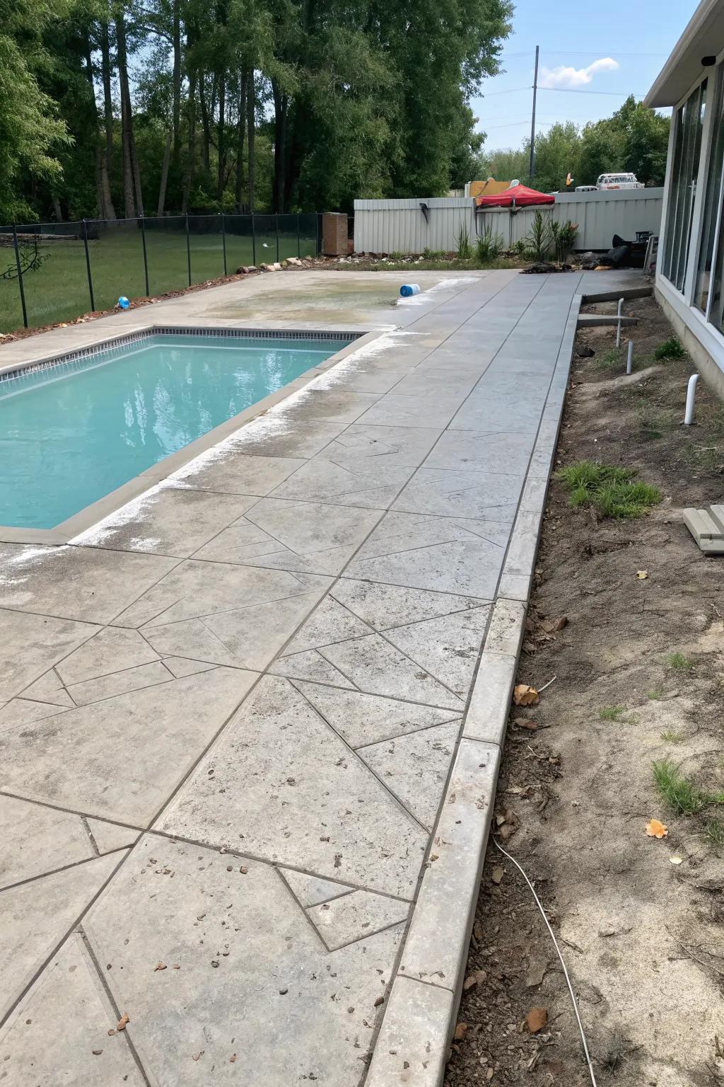 Dramatic transformation of a pool area with stamped concrete.