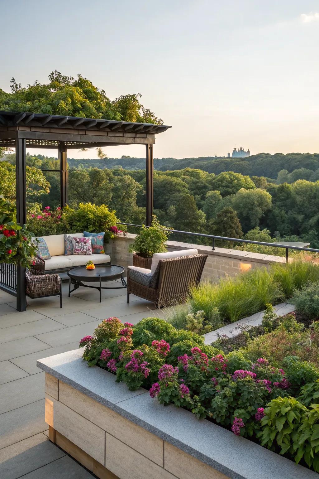 A patio with a thriving rooftop garden.