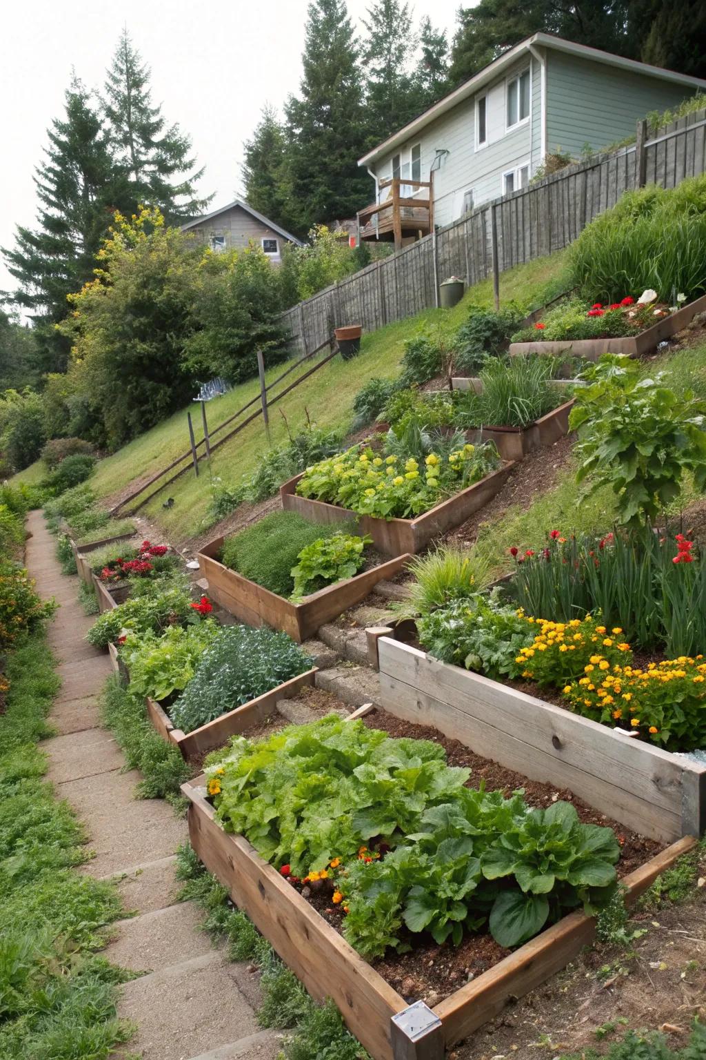 Raised planter beds making gardening on a slope easy and accessible.