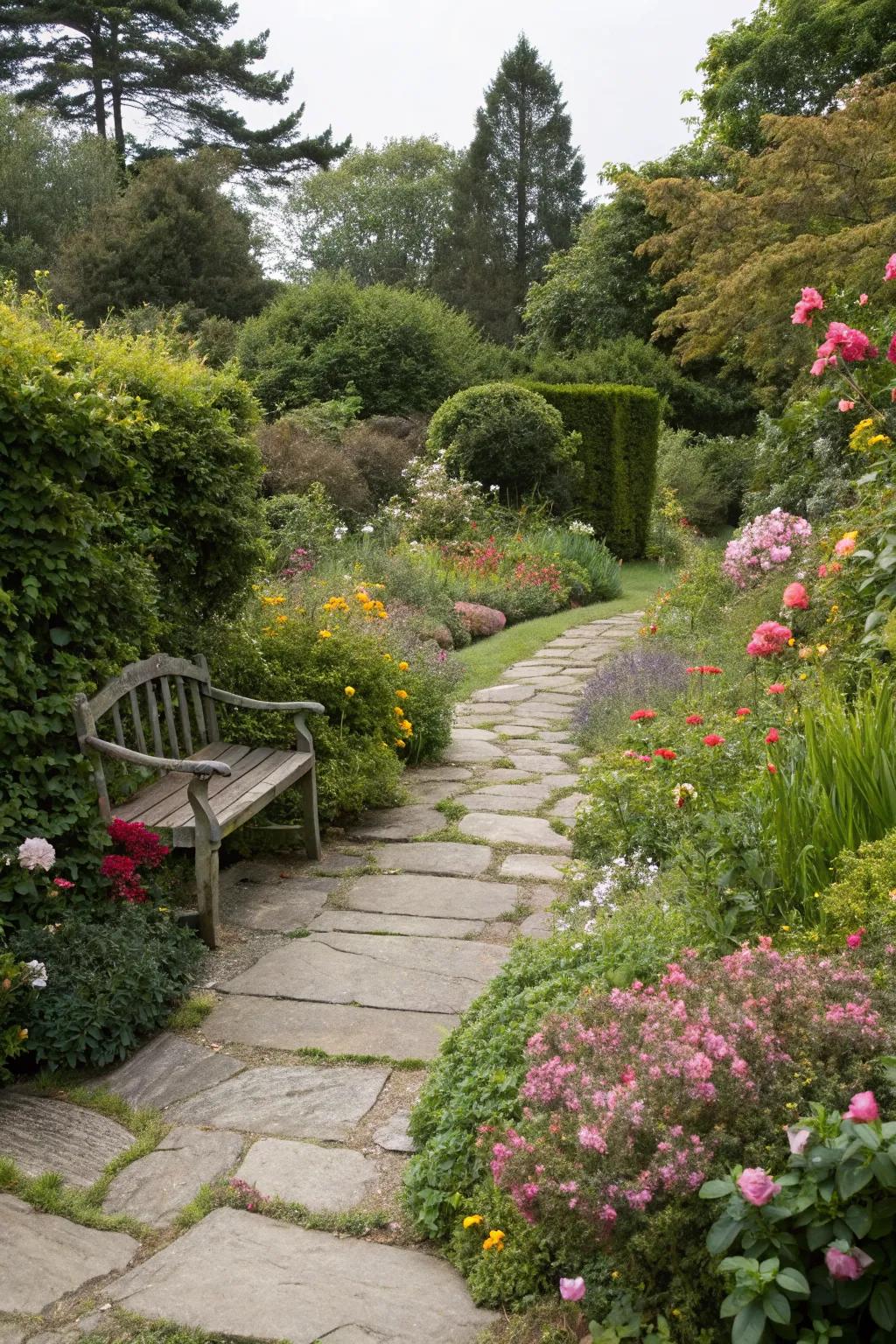 A surprise seating area hidden along a stone pathway.