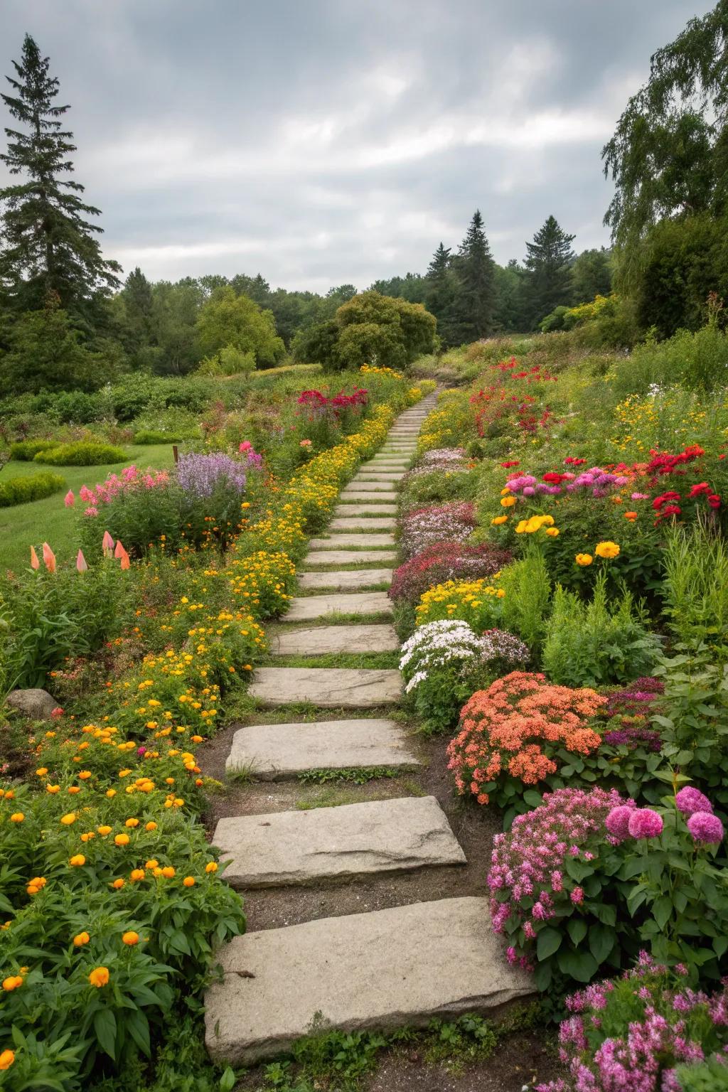 Stepping stones integrated with flower beds, enhancing garden exploration