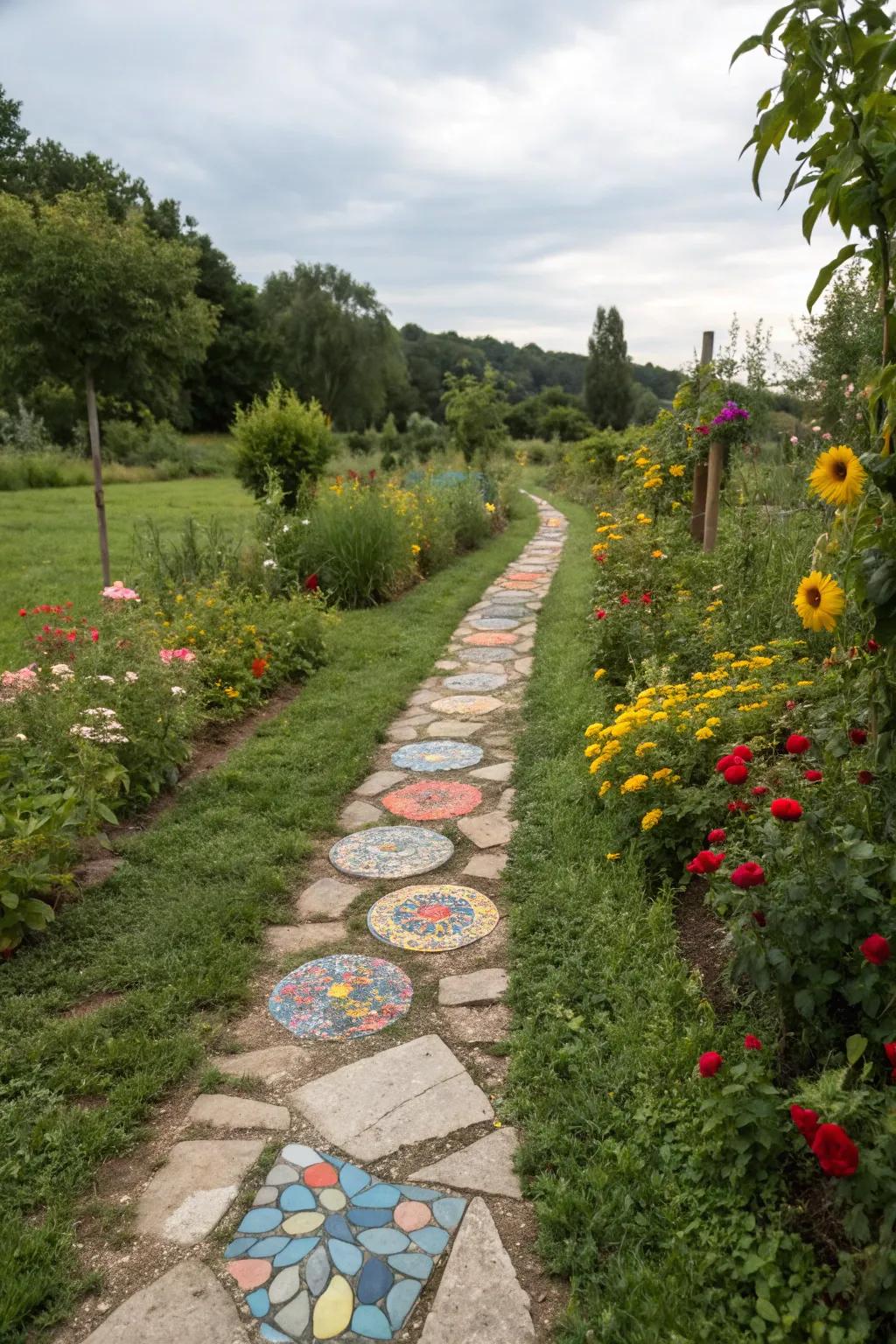 Artistic mosaic stones adding color to a garden pathway.