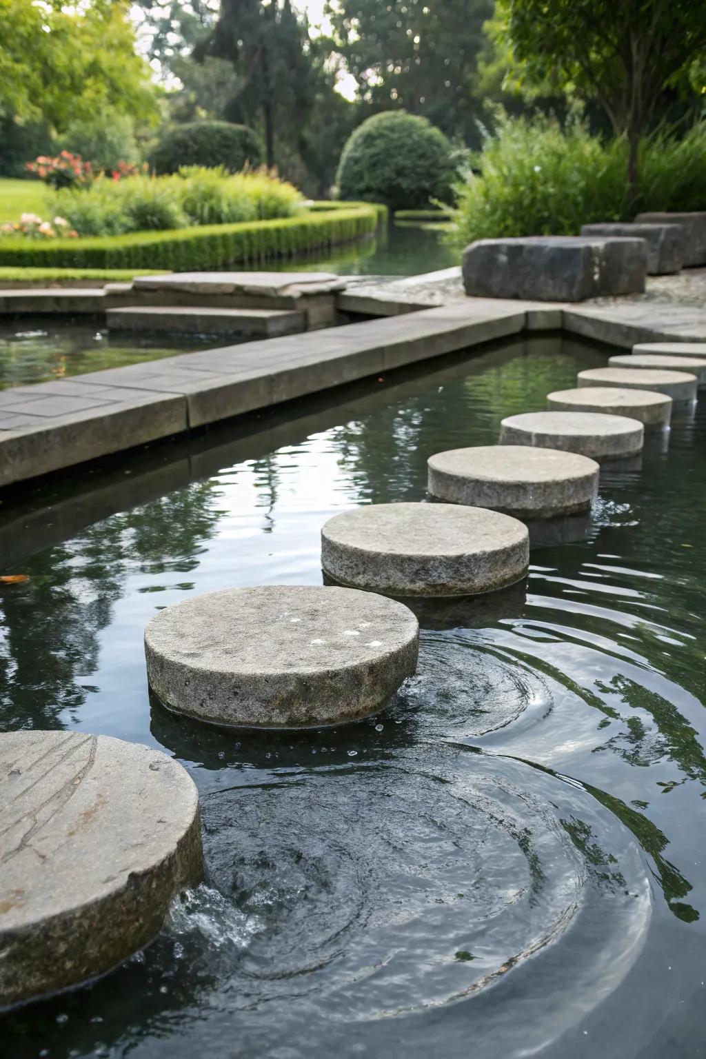 Floating stone steps add a playful yet sophisticated touch.