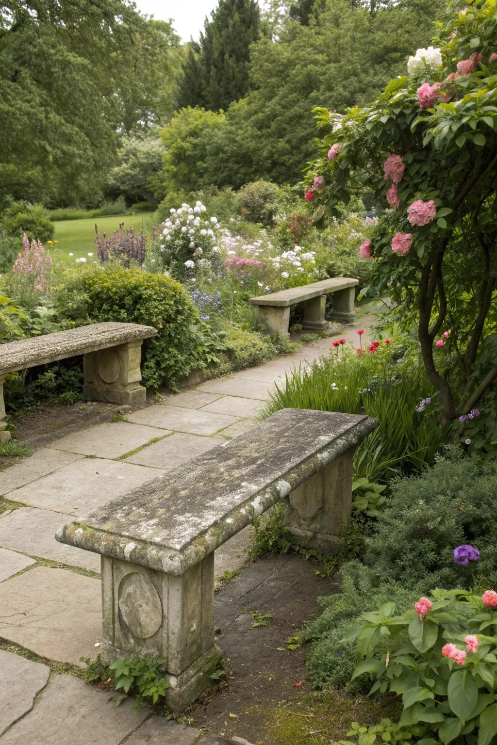 Backed and backless stone benches offer different seating experiences.