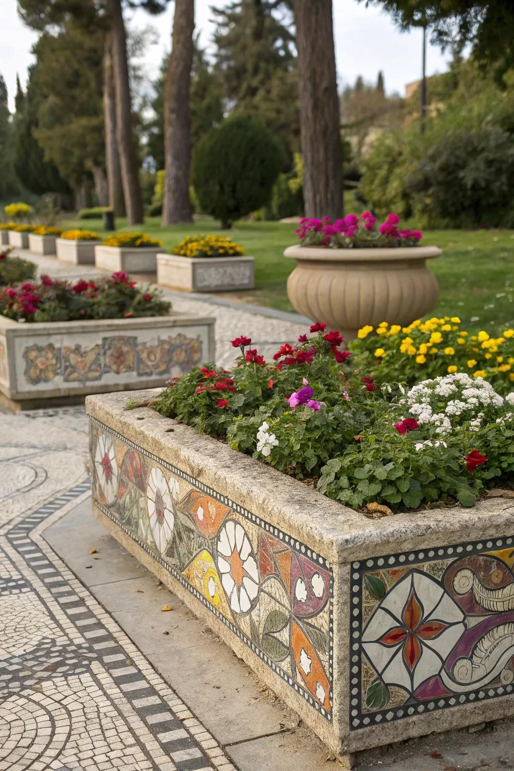 Pebble mosaic borders offer a personalized garden touch.