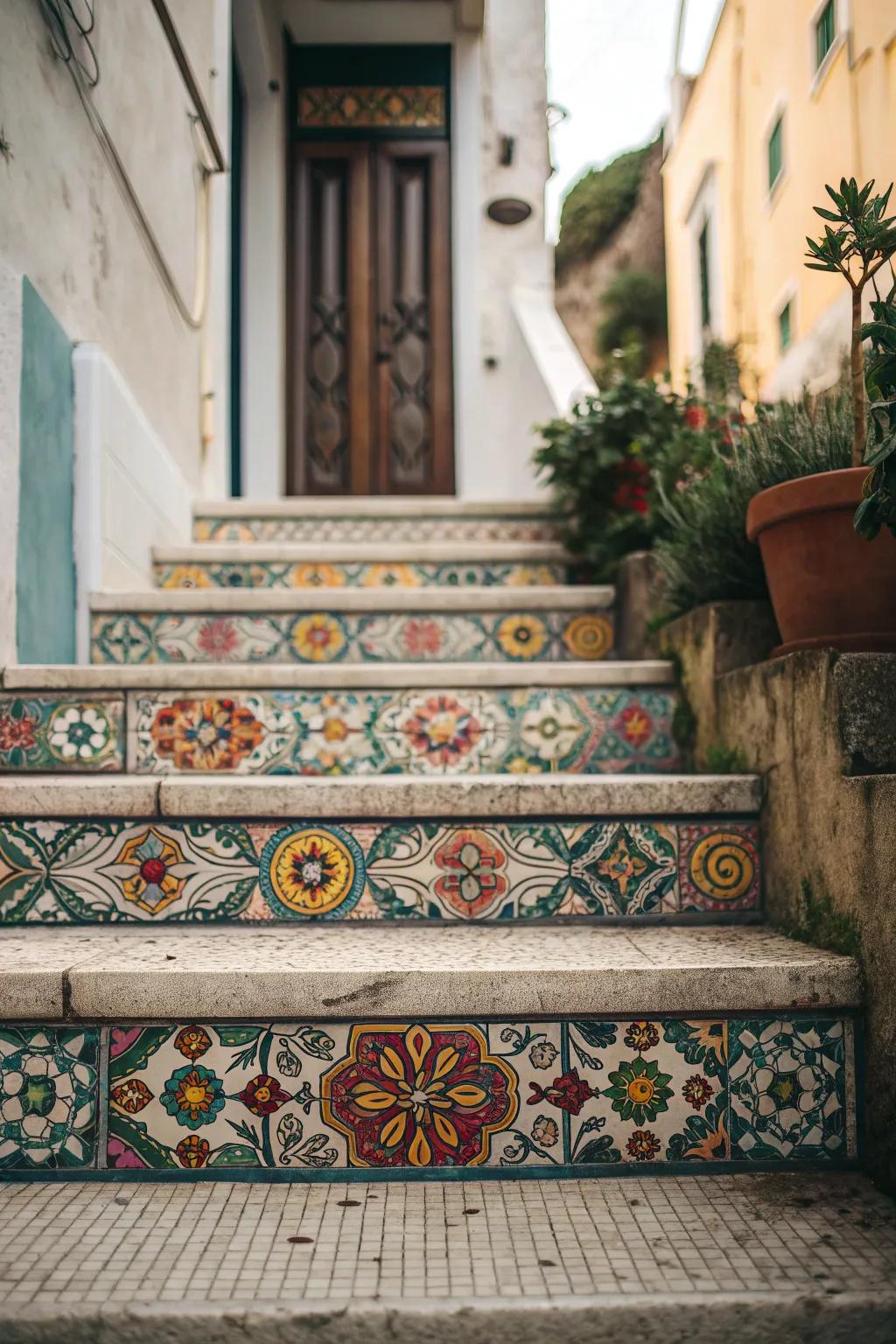 Mosaic stone steps adding artistic flair to the entrance.