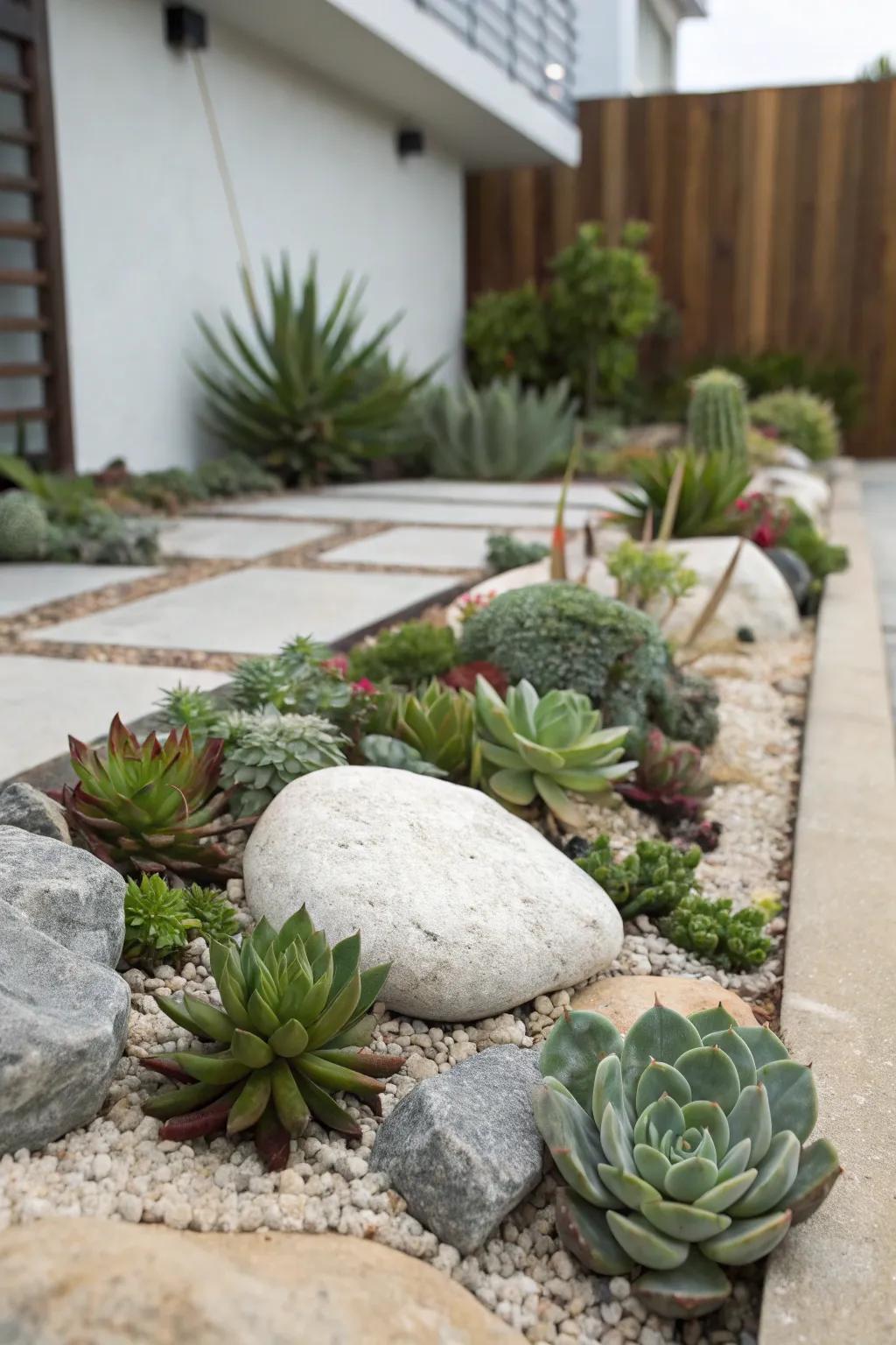 A minimalist mix of succulents and stones for a striking garden display.
