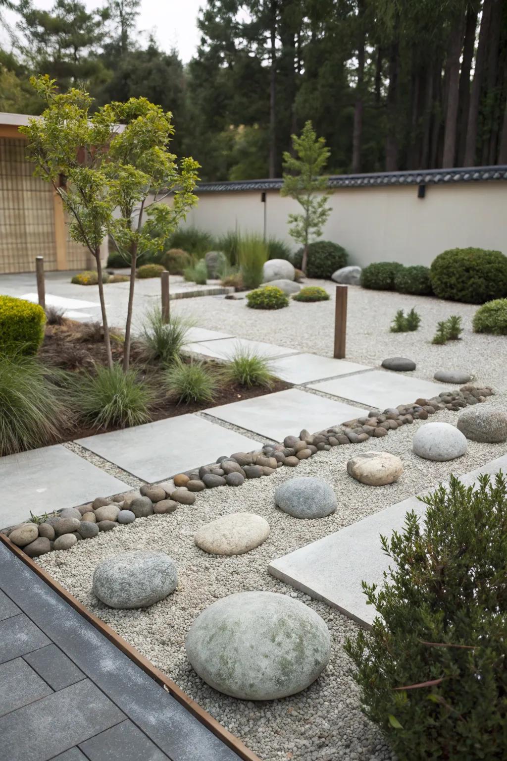 A minimalist stone garden with a modern and clean aesthetic.
