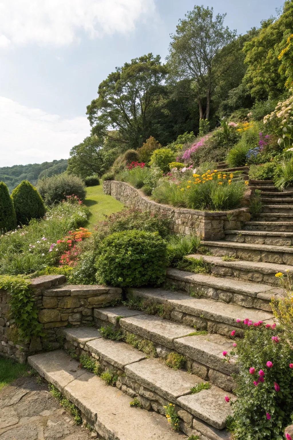 Dynamic design with multi-level stone edging.