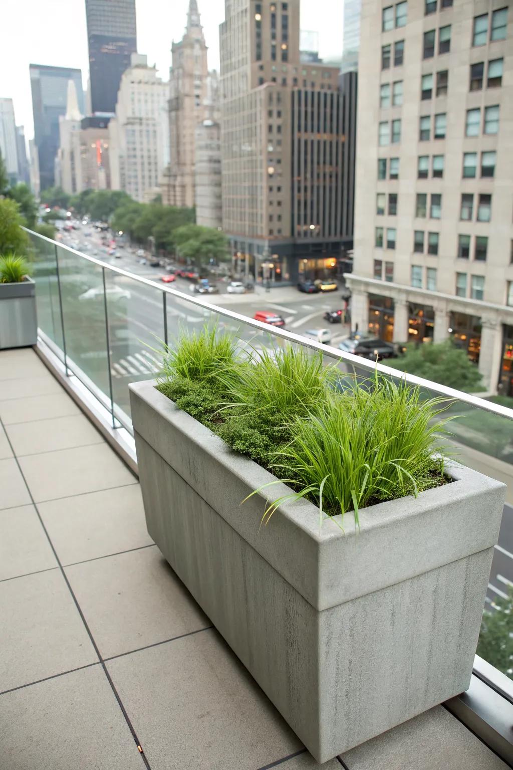 A chic stone planter adding elegance to an urban balcony.