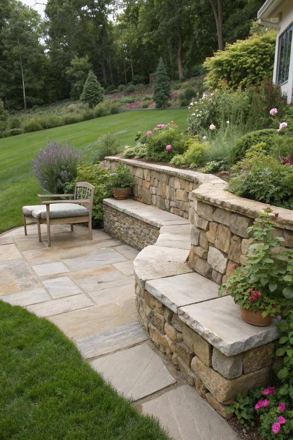Retaining wall with built-in seating for relaxation and enjoyment.