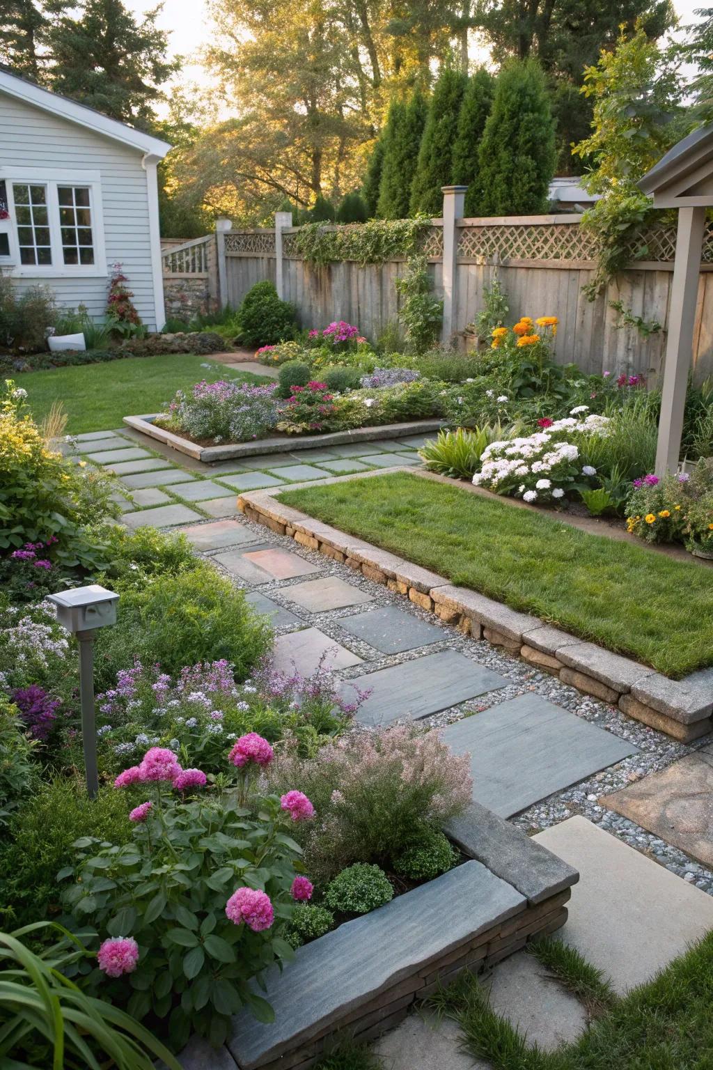 Formal and casual layouts offer different garden aesthetics.