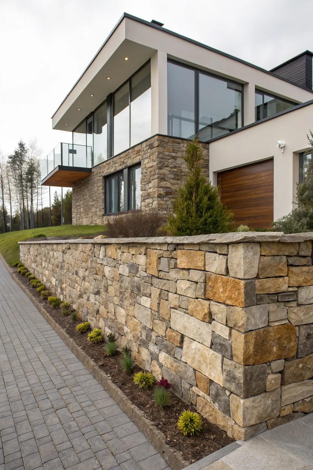 A mix of stone textures creates a visually intriguing facade.