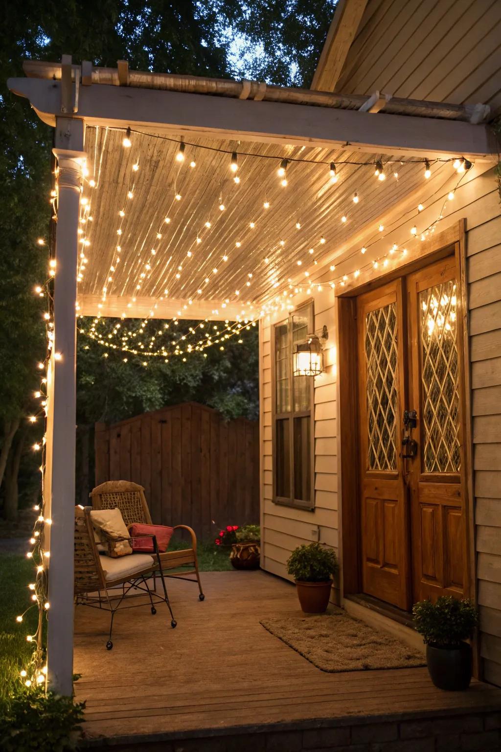 A front porch with a canopy of string lights, creating a cozy atmosphere.