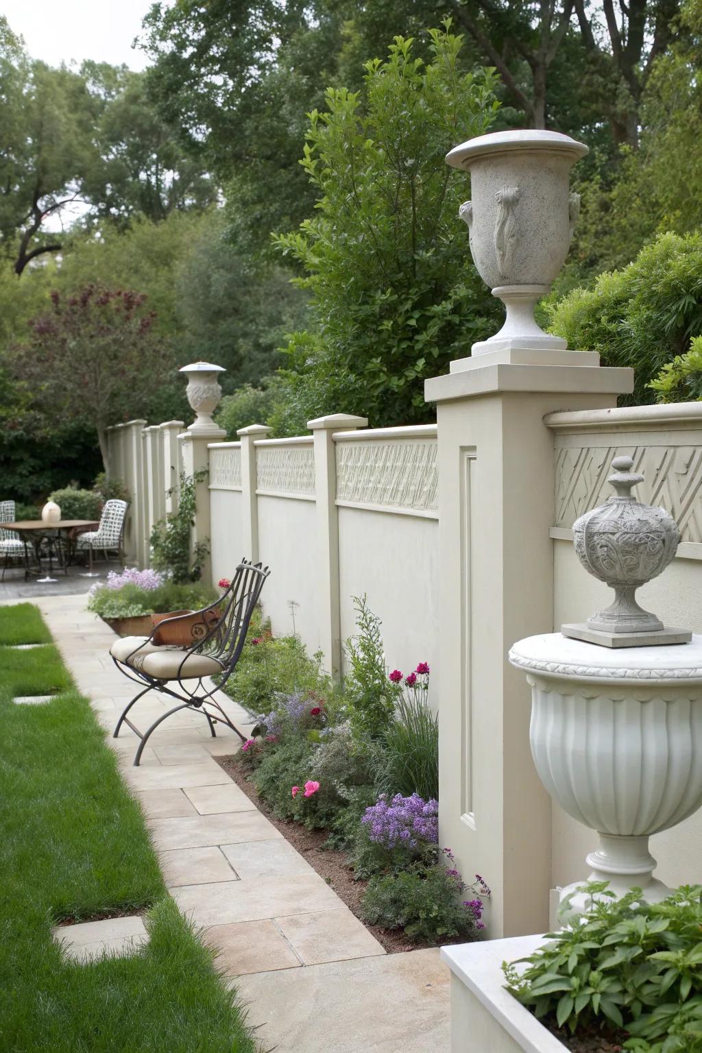 A blend of modern and classic styles in a stucco fence.
